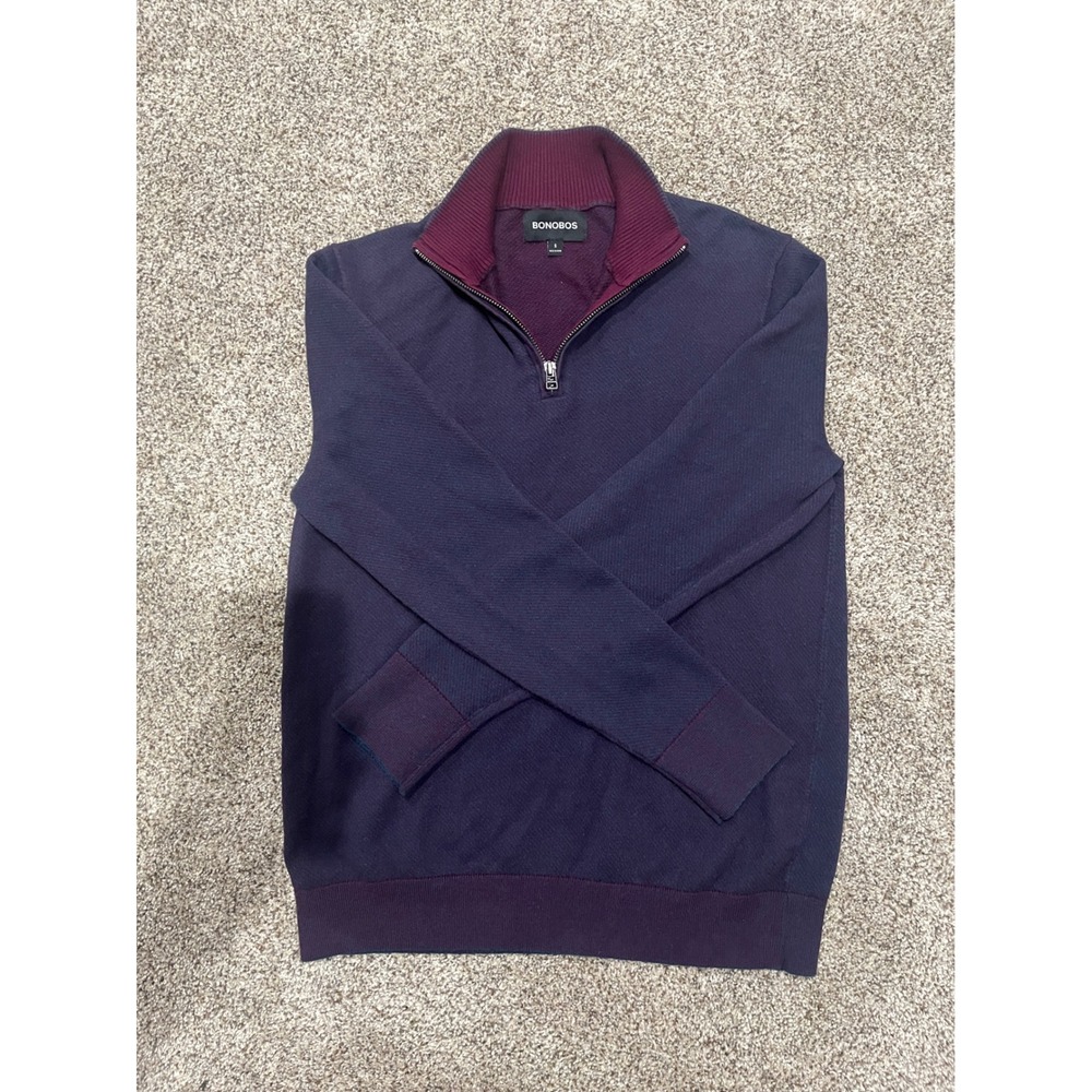 Bonobos Mens Small Cotton Cashmere Quarter Zip‎ Sweater Navy Burgundy Marl